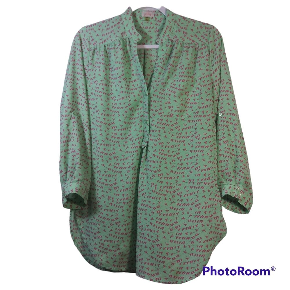 Pixley Mint Green Pink Birds Roll Tab Sleeve Blouse Top Size M